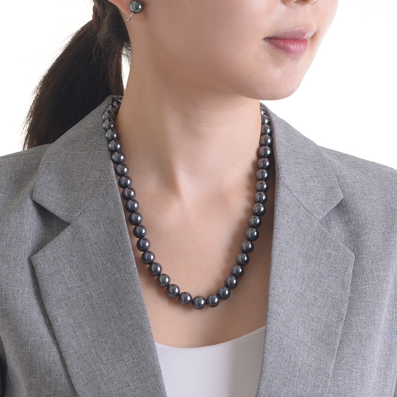 19インチ 10mm 花珠南洋黒蝶オーロラ本貝パール ネックレス 51cm 52cm プリンセス タヒチ黒蝶系 黒真珠系