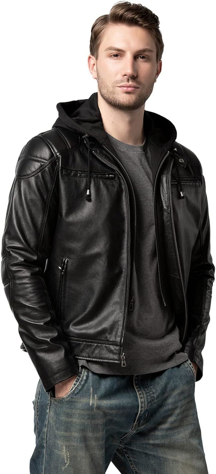 メンズ レザージャケット 革ジャン 本革レザー ライダース コート 取り外しフード付き( ブラック, M)