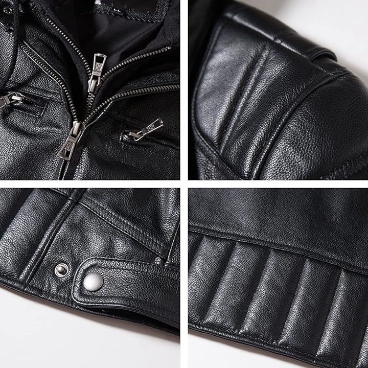 メンズ レザージャケット 革ジャン 本革レザー ライダース コート 取り外しフード付き( ブラック, M)