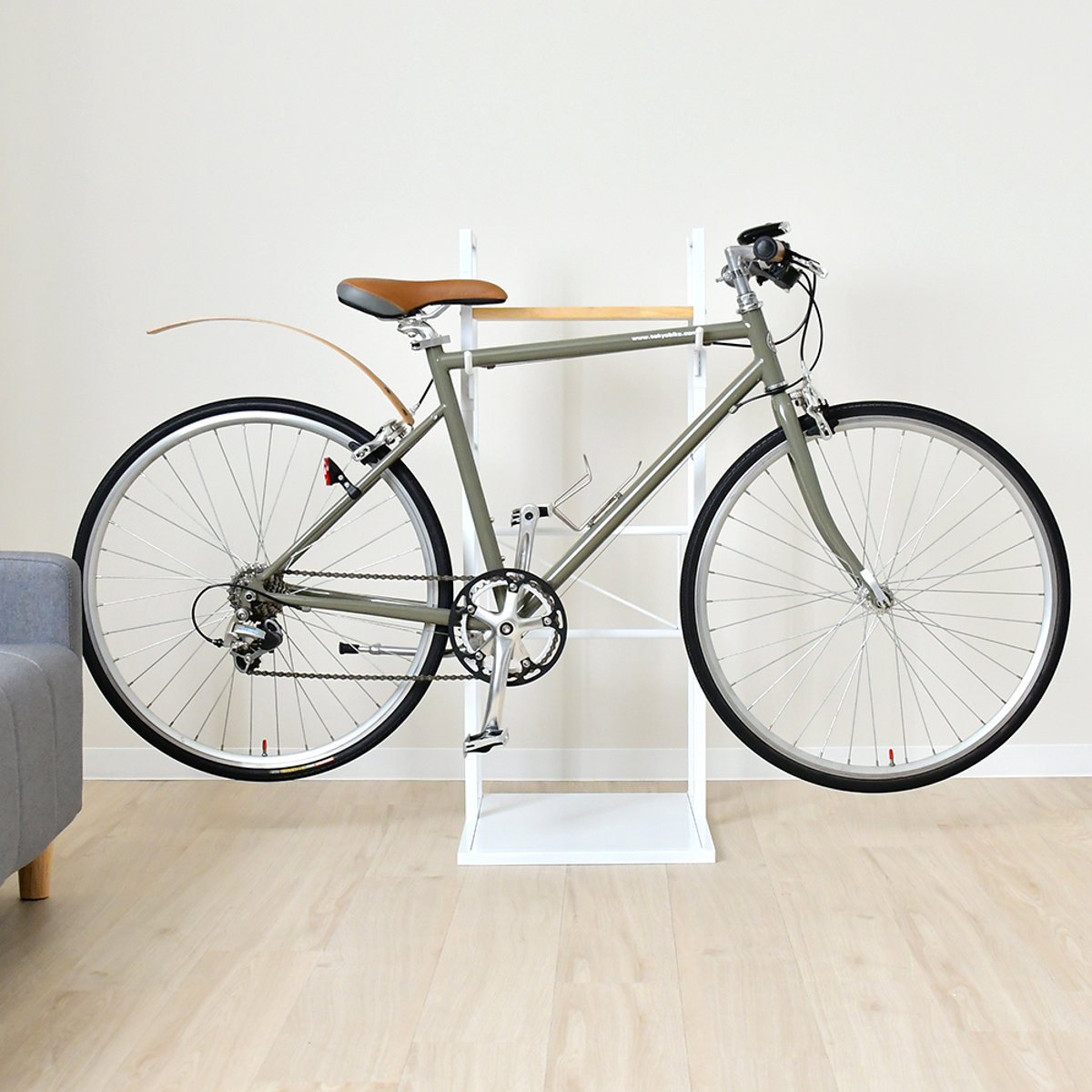 自転車スタンド 1台用 日本製 天然木 スチール 室内用 賃貸 サイクルスタンド サイクルラック ディスプレイ 1台 棚付 コレクション 転倒防止 盗難防止 室内 収納 ラック ホワイト_11