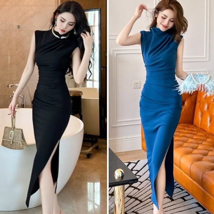 ロング スリット ワンピース ギャザー マキシ イブニングドレス クルーネック ノースリーブ ウエストマーク レディース E90( コバルトブルー, XL)