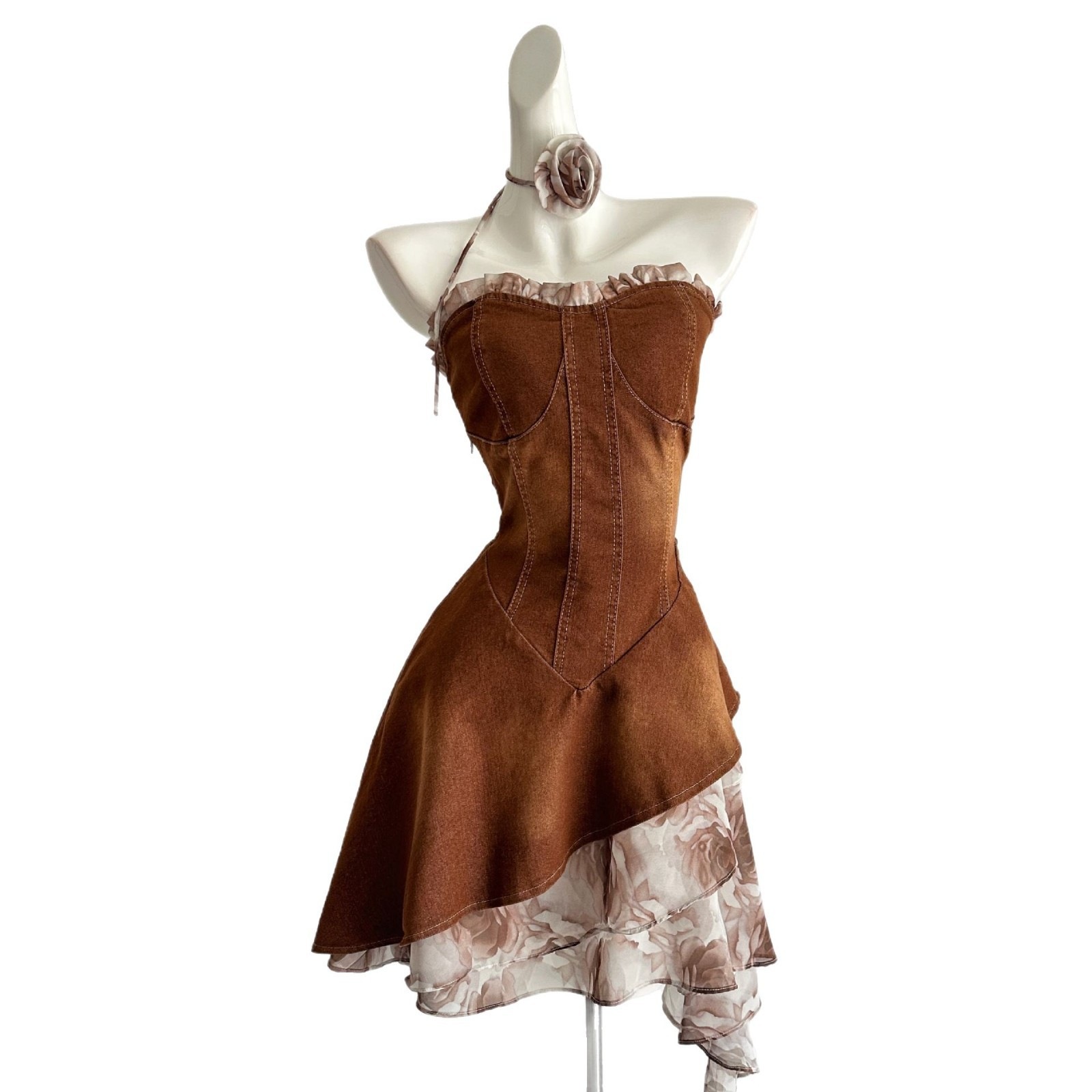 【急速出荷】山海濃厚ココアフレンチロマンティックデザイン感デニム胸ぬぐいワンピース女 【急速出荷】山海濃厚ココアフレンチロマンティックデザイン感デニム胸ぬぐいワンピース女