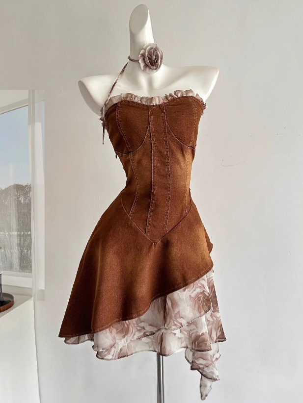 【急速出荷】山海濃厚ココアフレンチロマンティックデザイン感デニム胸ぬぐいワンピース女 【急速出荷】山海濃厚ココアフレンチロマンティックデザイン感デニム胸ぬぐいワンピース女