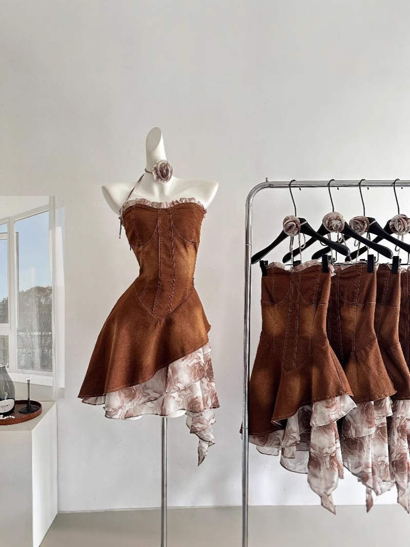 【急速出荷】山海濃厚ココアフレンチロマンティックデザイン感デニム胸ぬぐいワンピース女 【急速出荷】山海濃厚ココアフレンチロマンティックデザイン感デニム胸ぬぐいワンピース女