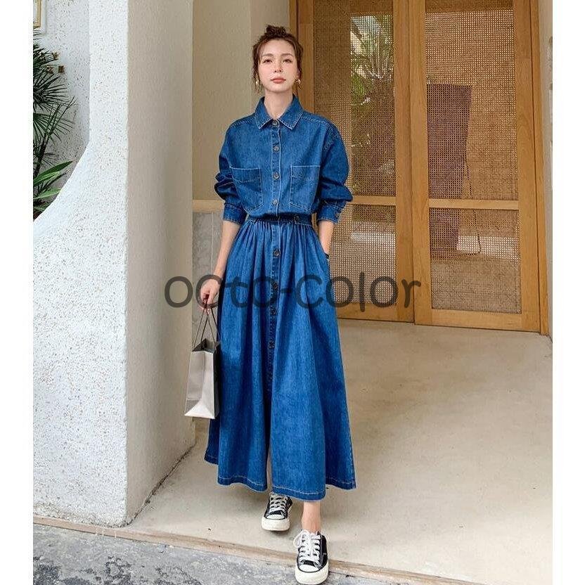 デニム レディース 長袖 Aライン ロング丈 マキシ丈 ゆったり デニム 大きい 体型カバー カジュアル デニム レディース 長袖 Aライン ロング丈 マキシ丈 ゆったり デニム 大きい 体型カバー カジュアル