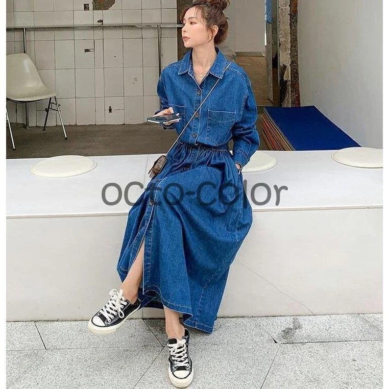 デニム レディース 長袖 Aライン ロング丈 マキシ丈 ゆったり デニム 大きい 体型カバー カジュアル デニム レディース 長袖 Aライン ロング丈 マキシ丈 ゆったり デニム 大きい 体型カバー カジュアル