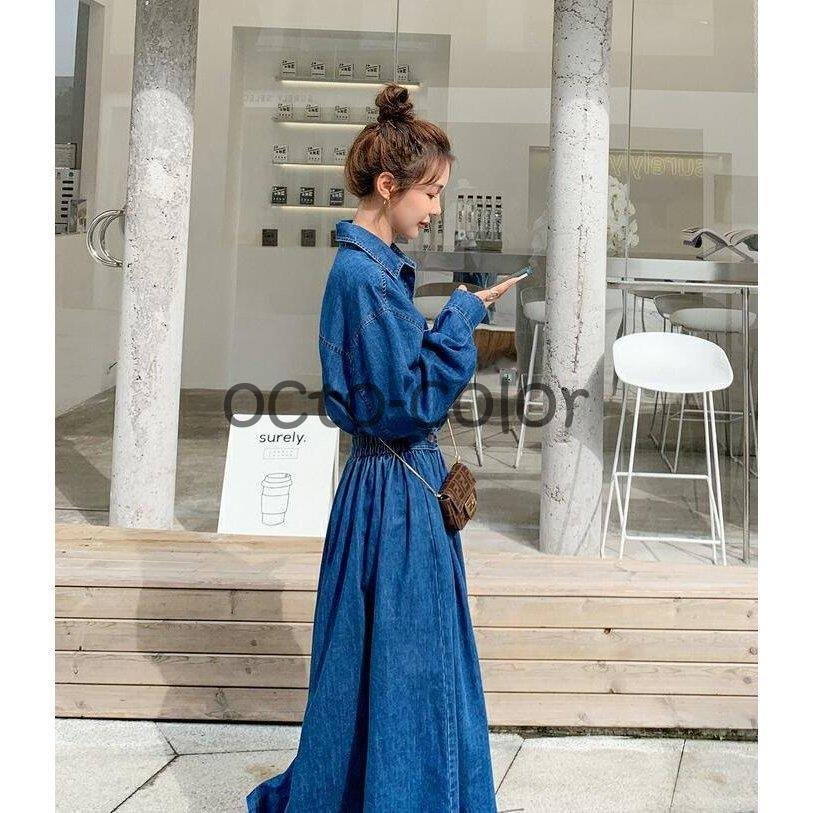 デニム レディース 長袖 Aライン ロング丈 マキシ丈 ゆったり デニム 大きい 体型カバー カジュアル デニム レディース 長袖 Aライン ロング丈 マキシ丈 ゆったり デニム 大きい 体型カバー カジュアル