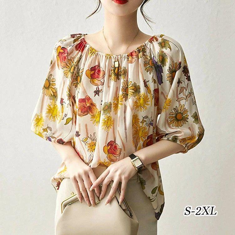 夏新作ブラウス レディース トップス シャツ 秋 春 花柄 総柄 七分袖 ブラウス カジュアル プルオーバーブラウス おしゃれ きれいめ トップス