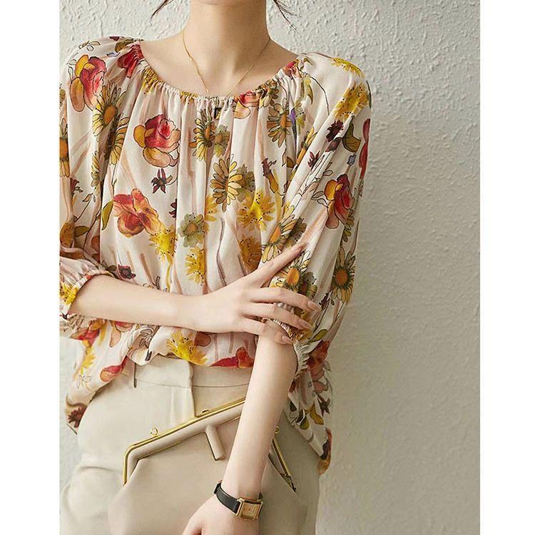 夏新作ブラウス レディース トップス シャツ 秋 春 花柄 総柄 七分袖 ブラウス カジュアル プルオーバーブラウス おしゃれ きれいめ トップス