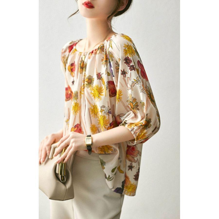 夏新作ブラウス レディース トップス シャツ 秋 春 花柄 総柄 七分袖 ブラウス カジュアル プルオーバーブラウス おしゃれ きれいめ トップス