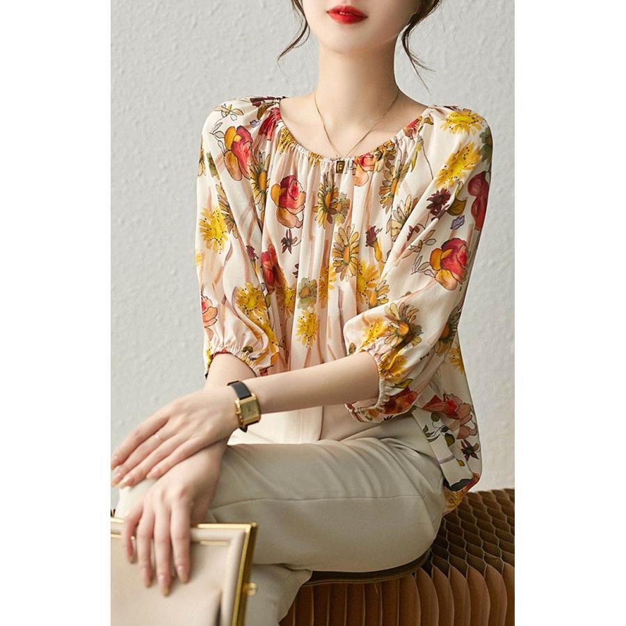 夏新作ブラウス レディース トップス シャツ 秋 春 花柄 総柄 七分袖 ブラウス カジュアル プルオーバーブラウス おしゃれ きれいめ トップス