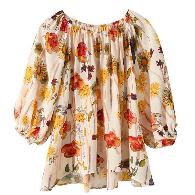 夏新作ブラウス レディース トップス シャツ 秋 春 花柄 総柄 七分袖 ブラウス カジュアル プルオーバーブラウス おしゃれ きれいめ トップス
