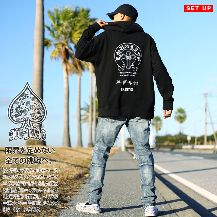 ACE FLAG 上下セット 長袖 ブランド パーカー メンズ 春秋冬用 黒 大きいサイズ エースフラッグ セットアップ フーディ ジーンズ デニム スリム 馬蹄