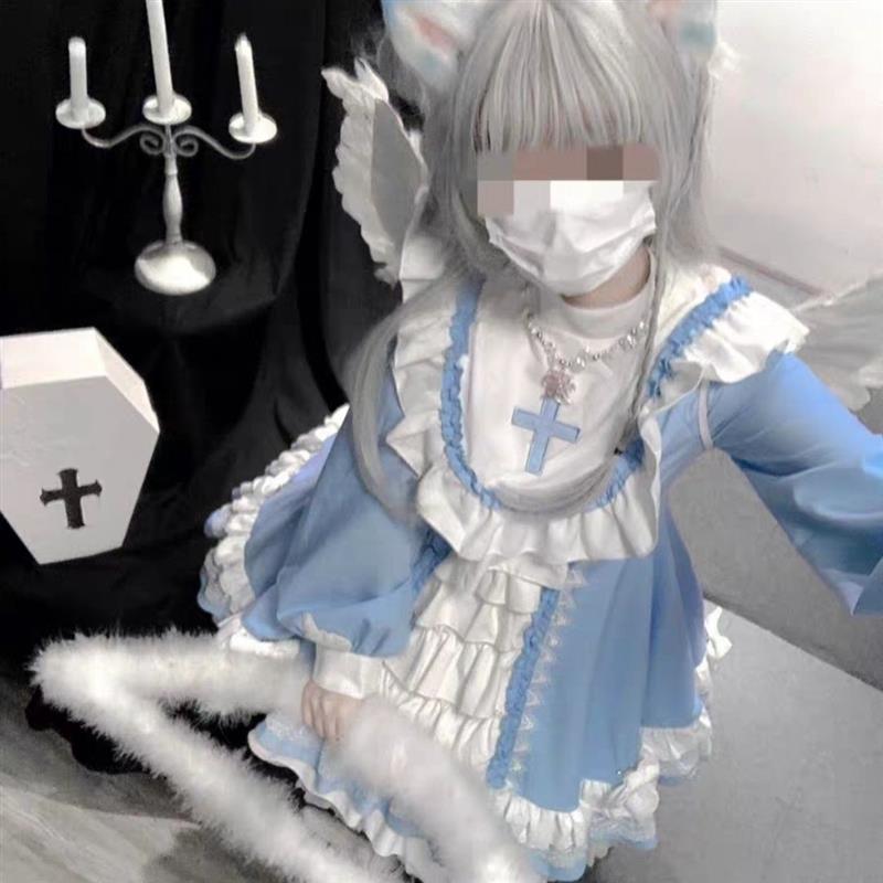 lolita地雷パーカーロリータ ワンピース ゴスロリドレスゴシック修道女青と白のドレス春ドレスロリータかわいいチャンロリータ lolita地雷パーカーロリータ ワンピース ゴスロリドレスゴシック修道女青と白のドレス春ドレスロリータかわいいチャンロリータ