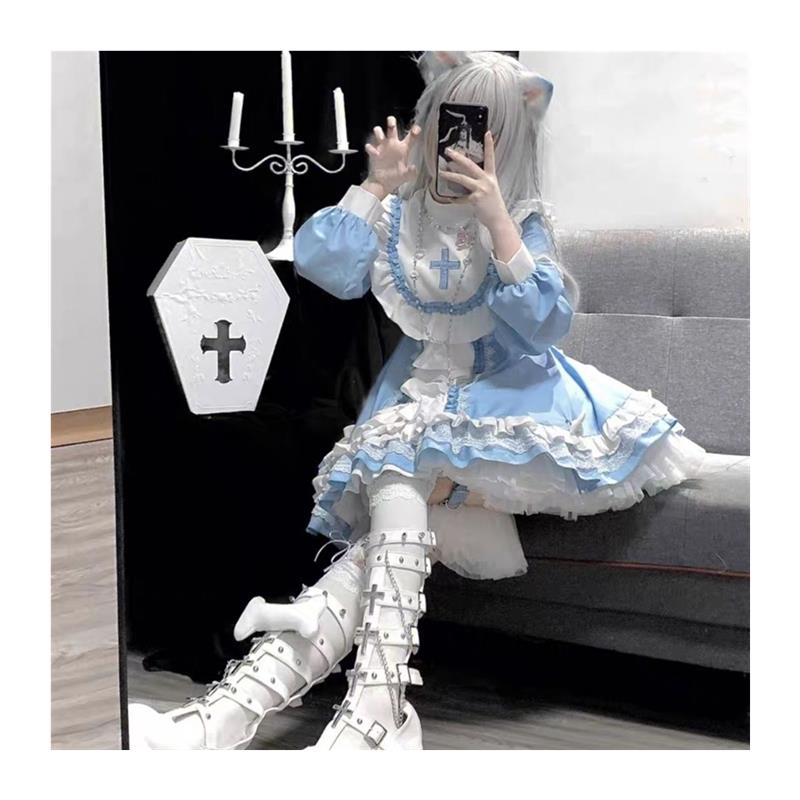lolita地雷パーカーロリータ ワンピース ゴスロリドレスゴシック修道女青と白のドレス春ドレスロリータかわいいチャンロリータ lolita地雷パーカーロリータ ワンピース ゴスロリドレスゴシック修道女青と白のドレス春ドレスロリータかわいいチャンロリータ
