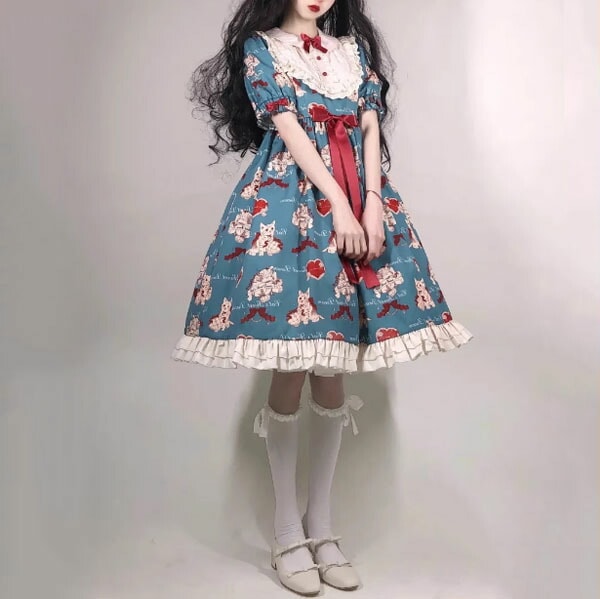 ロリータワンピース 猫柄 レディース 半袖 可愛い お姫様 ふんわり 女の子 日系女子中高生 ハロウィン衣装 ハロウィン 仮装 コスチューム 女性用 フリル 蝶結び 文化祭 学園祭 大人用 イベント