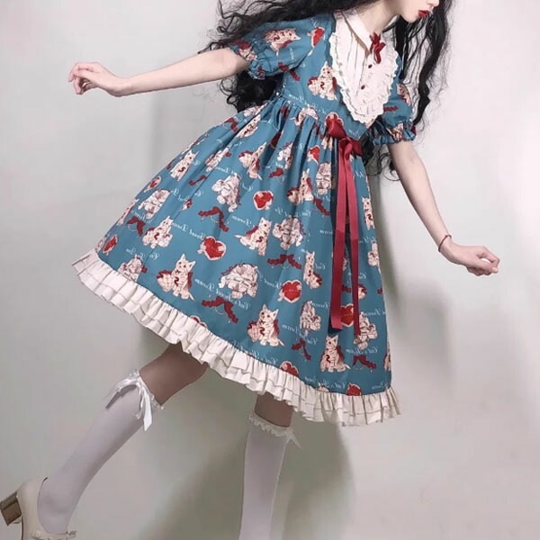 ロリータワンピース 猫柄 レディース 半袖 可愛い お姫様 ふんわり 女の子 日系女子中高生 ハロウィン衣装 ハロウィン 仮装 コスチューム 女性用 フリル 蝶結び 文化祭 学園祭 大人用 イベント