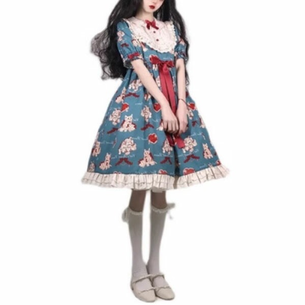 ロリータワンピース 猫柄 レディース 半袖 可愛い お姫様 ふんわり 女の子 日系女子中高生 ハロウィン衣装 ハロウィン 仮装 コスチューム 女性用 フリル 蝶結び 文化祭 学園祭 大人用 イベント