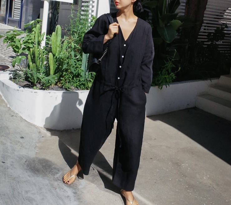 パンツ オールインワン レディース 長袖 前開き サロペット 黒 グレー ゆったり ジャンプスーツ ロング 楽ちん ワイド ポケット ナチュラル シンプル 体型カバー お洒落 クール S M L XL