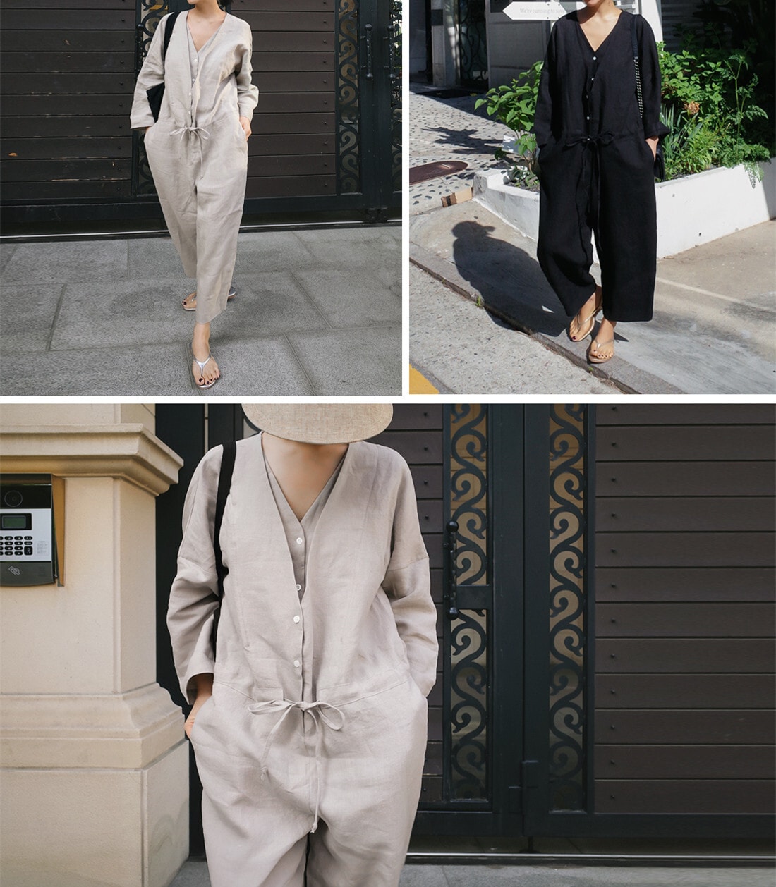 パンツ オールインワン レディース 長袖 前開き サロペット 黒 グレー ゆったり ジャンプスーツ ロング 楽ちん ワイド ポケット ナチュラル シンプル 体型カバー お洒落 クール S M L XL