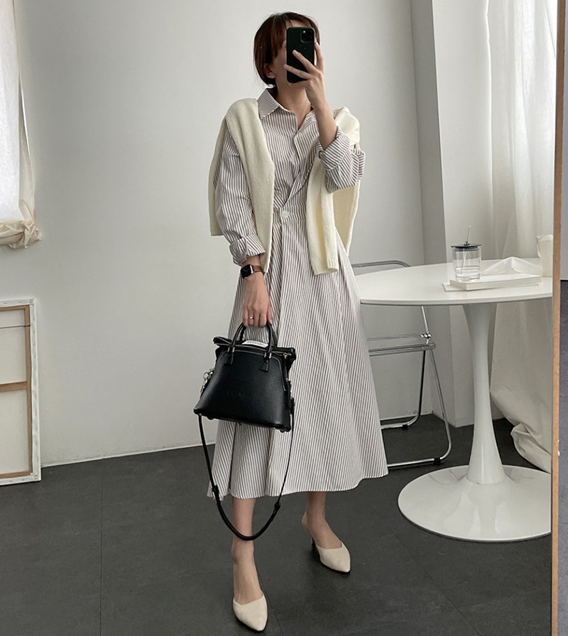 ワンピース レディース 40代 きれいめ シャツワンピース 秋服 長袖ワンピース ボーダー柄折り襟 Aラインスカート オシャレ韓国風 カジュアル 通勤OL 50代 ワンピース レディース 40代 きれいめ シャツワンピース 秋服 長袖ワンピース ボーダー柄折り襟 Aラインスカート オシャレ韓国風 カジュアル 通勤OL 50代