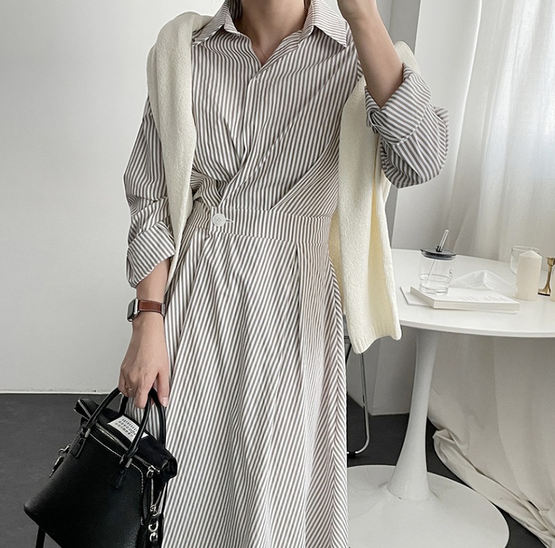 ワンピース レディース 40代 きれいめ シャツワンピース 秋服 長袖ワンピース ボーダー柄折り襟 Aラインスカート オシャレ韓国風 カジュアル 通勤OL 50代 ワンピース レディース 40代 きれいめ シャツワンピース 秋服 長袖ワンピース ボーダー柄折り襟 Aラインスカート オシャレ韓国風 カジュアル 通勤OL 50代