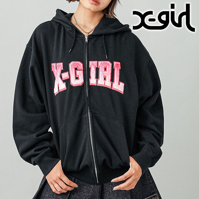 フェイクファーロゴ ジップアップ スウェットフーディー [105244012030] レディース トップス フルジップパーカー BLACK