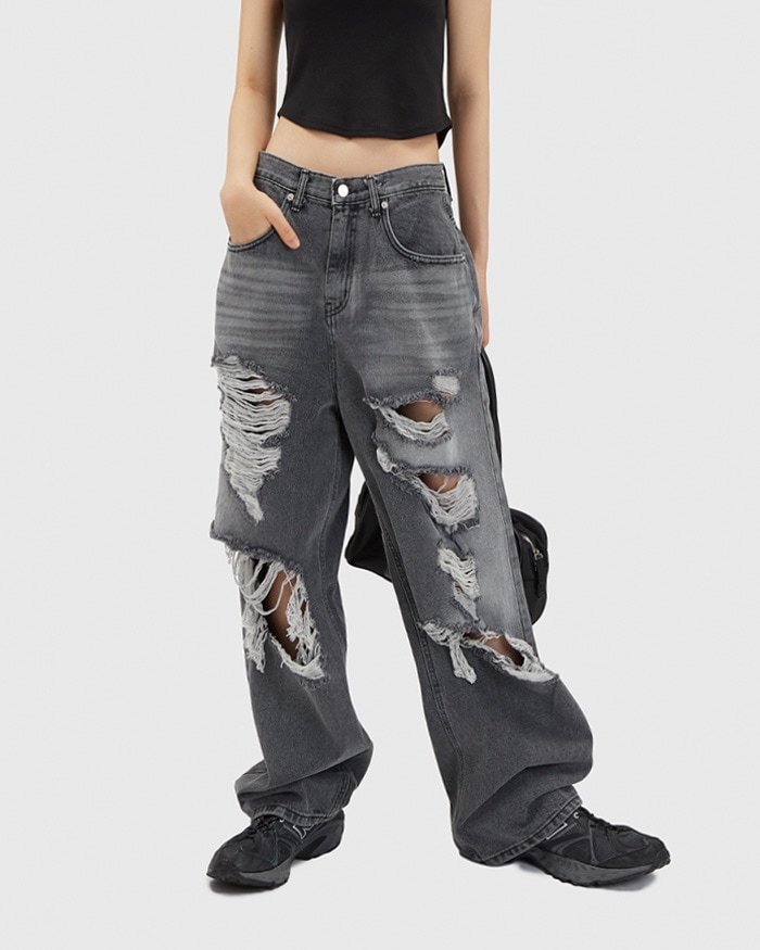 Gray Brush Destroyed Wide Denim Pants 新商品 男女共用 デイリー ジーンズ カップルアイテム ストリートファッション 贈り物 学生 大学生