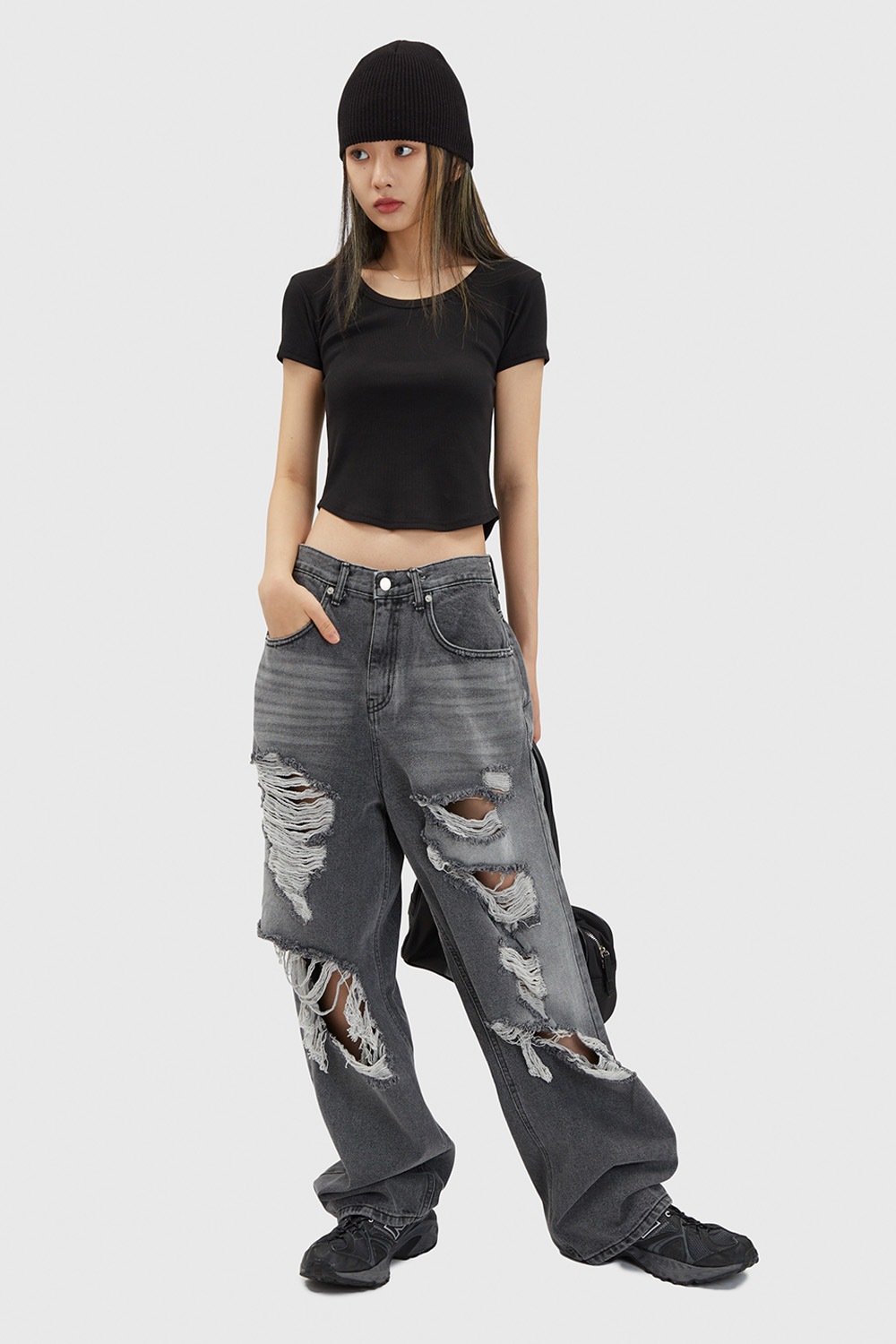 Gray Brush Destroyed Wide Denim Pants 新商品 男女共用 デイリー ジーンズ カップルアイテム ストリートファッション 贈り物 学生 大学生
