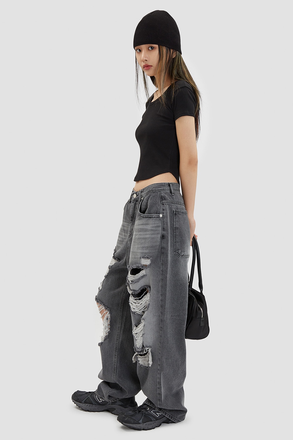 Gray Brush Destroyed Wide Denim Pants 新商品 男女共用 デイリー ジーンズ カップルアイテム ストリートファッション 贈り物 学生 大学生