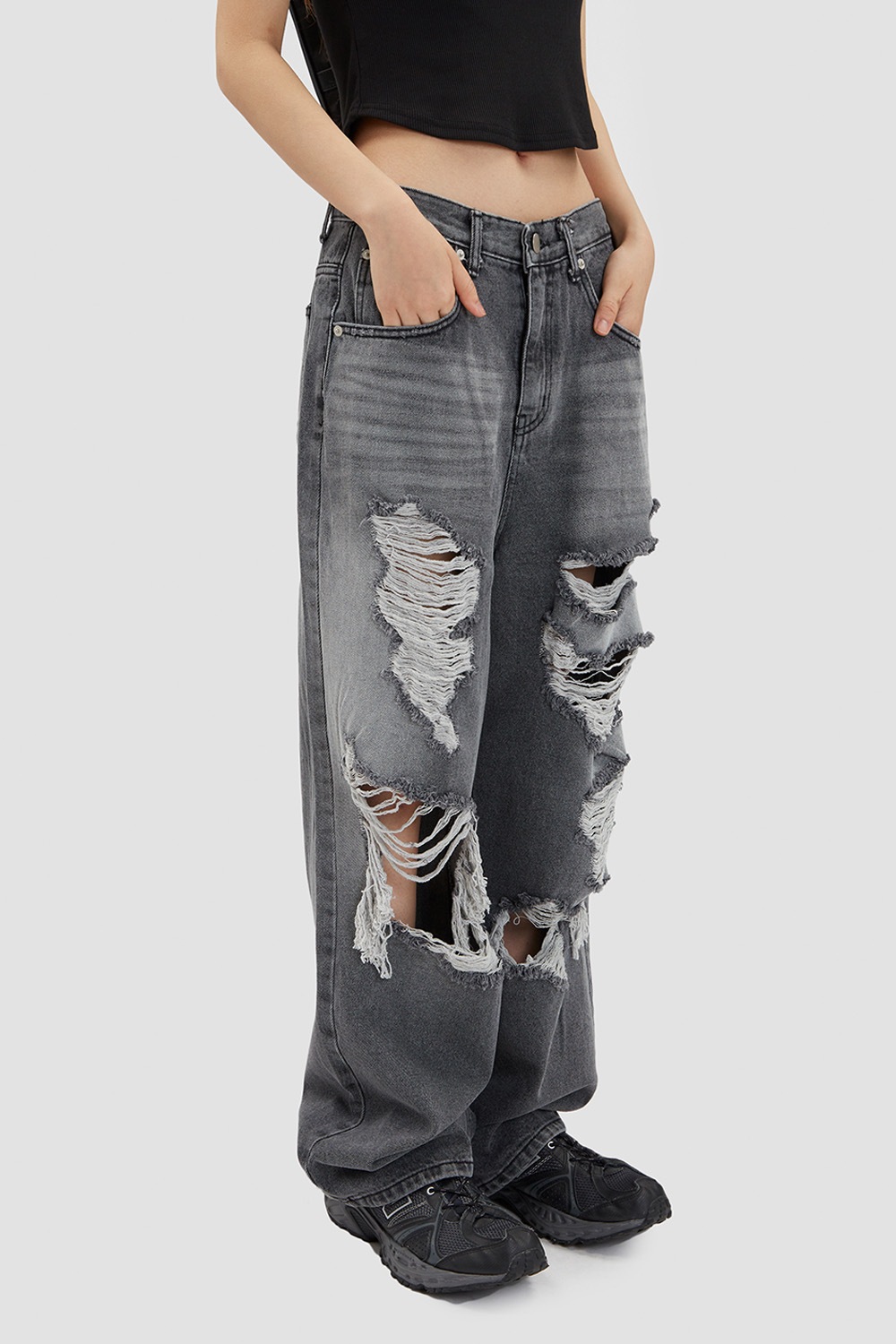 Gray Brush Destroyed Wide Denim Pants 新商品 男女共用 デイリー ジーンズ カップルアイテム ストリートファッション 贈り物 学生 大学生