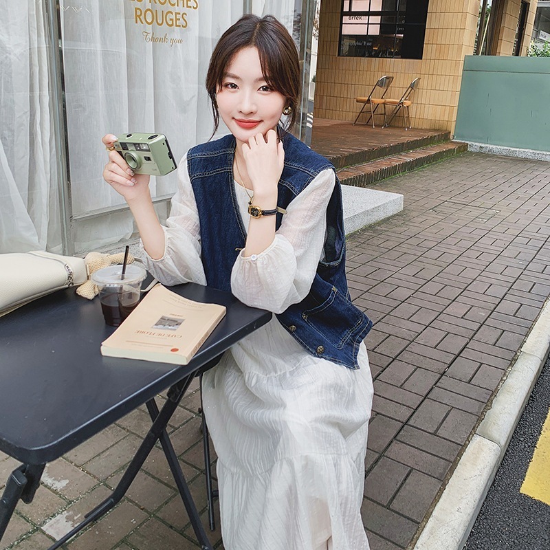 ドレスデニムウエストコート2024秋の新しいファッションカジュアルスーツ女性のセット ドレスデニムウエストコート2024秋の新しいファッションカジュアルスーツ女性のセット