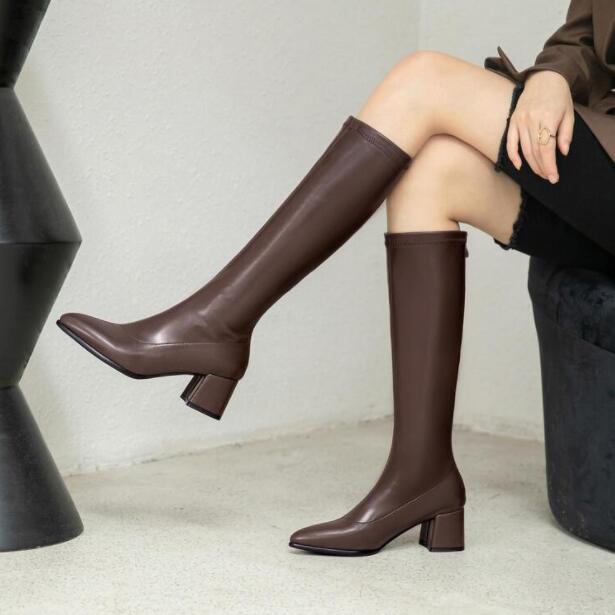 レディースブーツ　ロングブーツ　ジョッキーブーツ エンジニアブーツ　　裏起毛　暖かい　大きいサイズ　小さいサイズ　22cm～26.5cm　長靴　合皮　ロング丈　秋冬　太ヒール　5.5センチ 　ミドルヒ