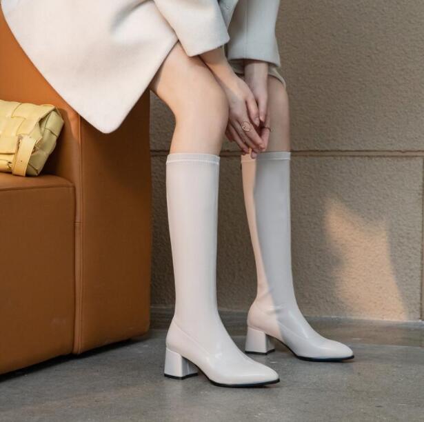 レディースブーツ　ロングブーツ　ジョッキーブーツ エンジニアブーツ　　裏起毛　暖かい　大きいサイズ　小さいサイズ　22cm～26.5cm　長靴　合皮　ロング丈　秋冬　太ヒール　5.5センチ 　ミドルヒ