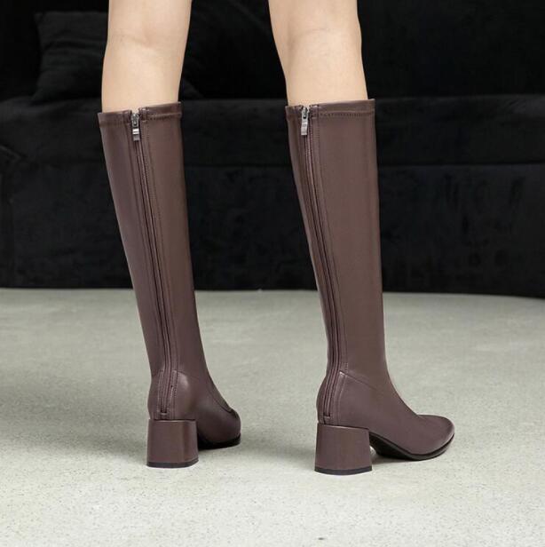 レディースブーツ　ロングブーツ　ジョッキーブーツ エンジニアブーツ　　裏起毛　暖かい　大きいサイズ　小さいサイズ　22cm～26.5cm　長靴　合皮　ロング丈　秋冬　太ヒール　5.5センチ 　ミドルヒ
