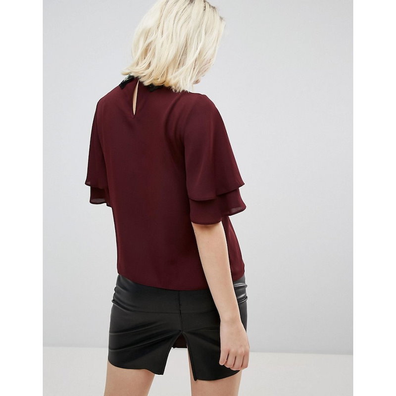 ニュールック レディース トップス【New Look Embroidered Collar Frill Sleeve Top】Dark burgundy ニュールック レディース トップス【New Look Embroidered Collar Frill Sleeve Top】Dark burgundy