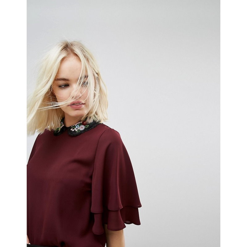 ニュールック レディース トップス【New Look Embroidered Collar Frill Sleeve Top】Dark burgundy ニュールック レディース トップス【New Look Embroidered Collar Frill Sleeve Top】Dark burgundy