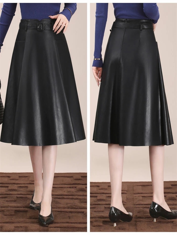 新商品登場レザー スカート Aライン レディース 通販 ミドル丈 ミドル ひざ下 膝下 ボトムス 上品 無地 シンプル 大人 きれいめ 脚長効果 高見え 秋冬 秋 冬 おしゃれ オフィス カジュアル