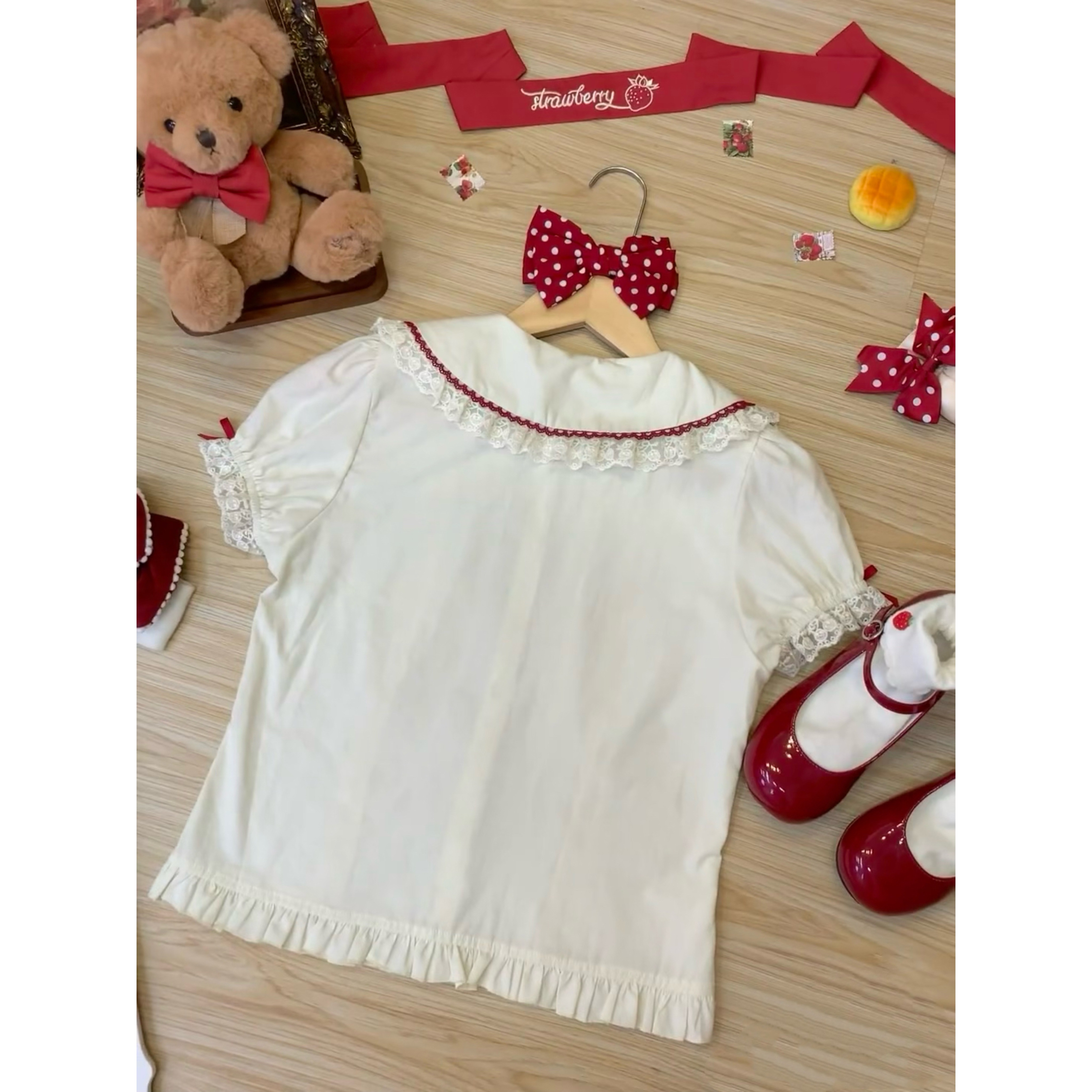 Lolita夏款自制内搭洛丽塔娃娃领可爱刺绣草莓短袖JSK打底衣 Lolita夏款自制内搭洛丽塔娃娃领可爱刺绣草莓短袖JSK打底衣