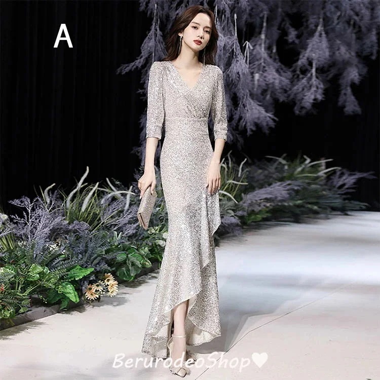 TIME HLDERイブニングドレス マーメイドドレス シルバー スパンコール キラキラドレス ロングドレス フレア オシャレ 発表会ドレス マーメイドライン Vネック 7分袖 20代 30代 TIME HLDERイブニングドレス マーメイドドレス シルバー スパンコール キラキラドレス ロングドレス フレア オシャレ 発表会ドレス マーメイドライン Vネック 7分袖 20代 30代