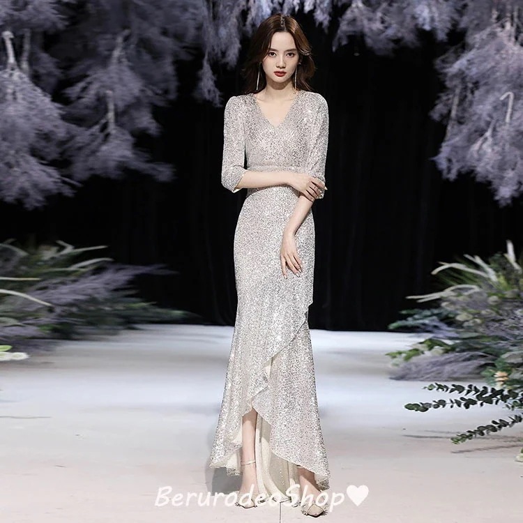 TIME HLDERイブニングドレス マーメイドドレス シルバー スパンコール キラキラドレス ロングドレス フレア オシャレ 発表会ドレス マーメイドライン Vネック 7分袖 20代 30代 TIME HLDERイブニングドレス マーメイドドレス シルバー スパンコール キラキラドレス ロングドレス フレア オシャレ 発表会ドレス マーメイドライン Vネック 7分袖 20代 30代
