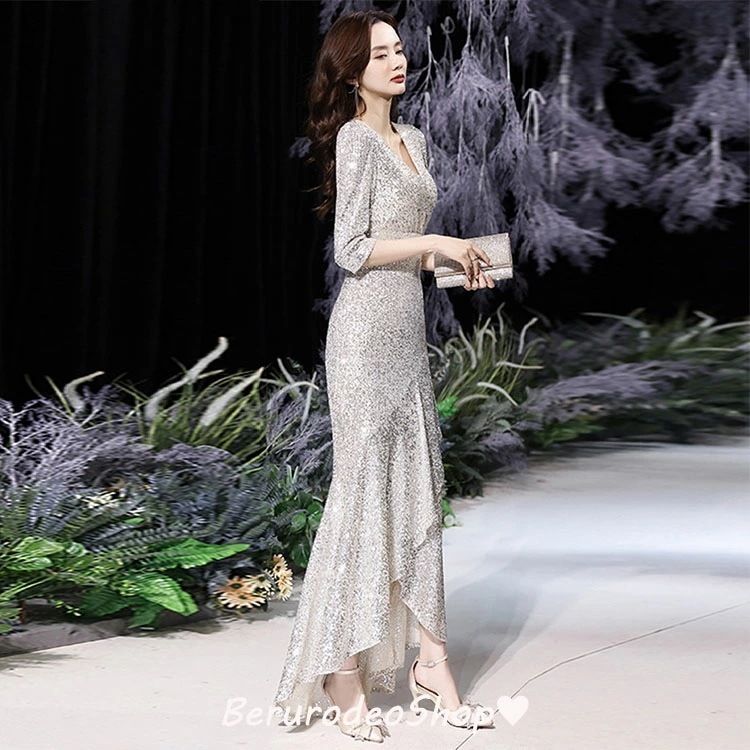 TIME HLDERイブニングドレス マーメイドドレス シルバー スパンコール キラキラドレス ロングドレス フレア オシャレ 発表会ドレス マーメイドライン Vネック 7分袖 20代 30代 TIME HLDERイブニングドレス マーメイドドレス シルバー スパンコール キラキラドレス ロングドレス フレア オシャレ 発表会ドレス マーメイドライン Vネック 7分袖 20代 30代