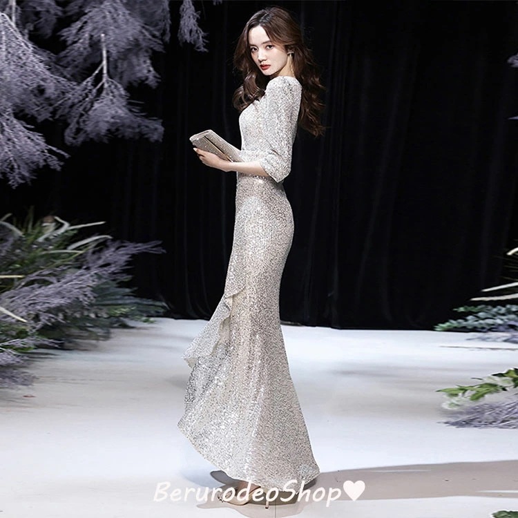 TIME HLDERイブニングドレス マーメイドドレス シルバー スパンコール キラキラドレス ロングドレス フレア オシャレ 発表会ドレス マーメイドライン Vネック 7分袖 20代 30代 TIME HLDERイブニングドレス マーメイドドレス シルバー スパンコール キラキラドレス ロングドレス フレア オシャレ 発表会ドレス マーメイドライン Vネック 7分袖 20代 30代