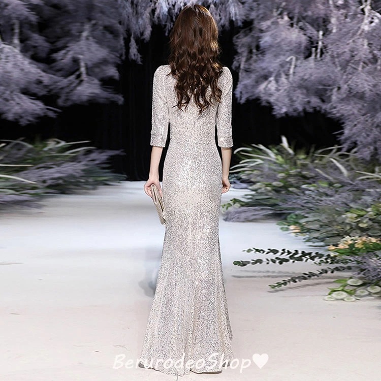 TIME HLDERイブニングドレス マーメイドドレス シルバー スパンコール キラキラドレス ロングドレス フレア オシャレ 発表会ドレス マーメイドライン Vネック 7分袖 20代 30代 TIME HLDERイブニングドレス マーメイドドレス シルバー スパンコール キラキラドレス ロングドレス フレア オシャレ 発表会ドレス マーメイドライン Vネック 7分袖 20代 30代