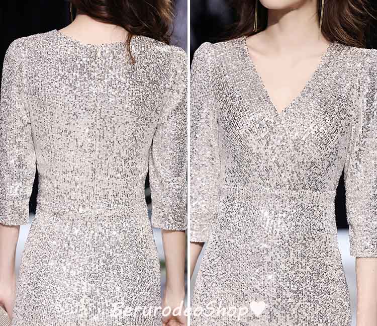 TIME HLDERイブニングドレス マーメイドドレス シルバー スパンコール キラキラドレス ロングドレス フレア オシャレ 発表会ドレス マーメイドライン Vネック 7分袖 20代 30代 TIME HLDERイブニングドレス マーメイドドレス シルバー スパンコール キラキラドレス ロングドレス フレア オシャレ 発表会ドレス マーメイドライン Vネック 7分袖 20代 30代