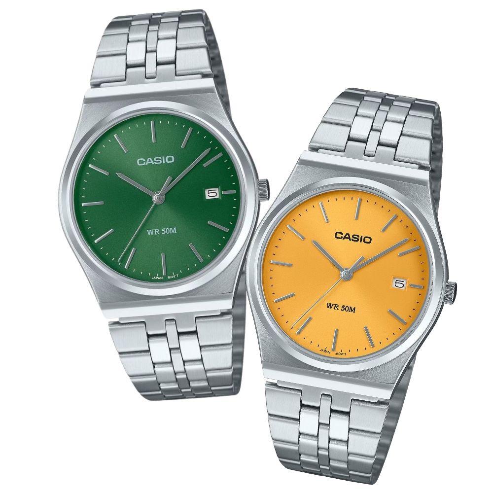 カシオ ペアウォッチ 腕時計 収納ケース付き グリーン イエロー ステンレスベルト お揃い ユニセックス メンズ レディース ペアセット カップル 親子ペア 誕生日 記念日 プレゼント ギフト ペアギ