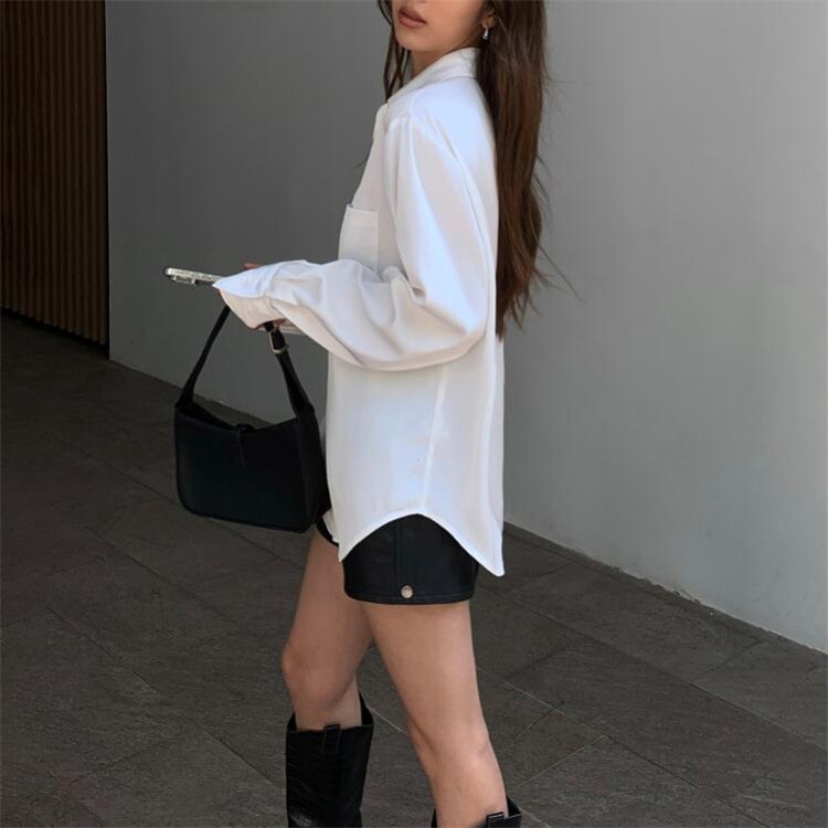 【1つ買うと10つ無料】純粋なスタイルのホワイトサテンハイエンドの女性のための長袖シャツスタイルのゆるいフォーマルシャツ 【1つ買うと10つ無料】純粋なスタイルのホワイトサテンハイエンドの女性のための長袖シャツスタイルのゆるいフォーマルシャツ