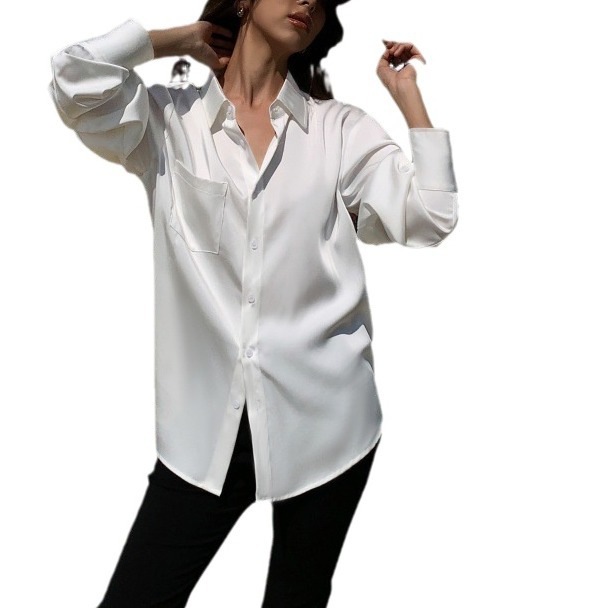 【1つ買うと10つ無料】純粋なスタイルのホワイトサテンハイエンドの女性のための長袖シャツスタイルのゆるいフォーマルシャツ 【1つ買うと10つ無料】純粋なスタイルのホワイトサテンハイエンドの女性のための長袖シャツスタイルのゆるいフォーマルシャツ