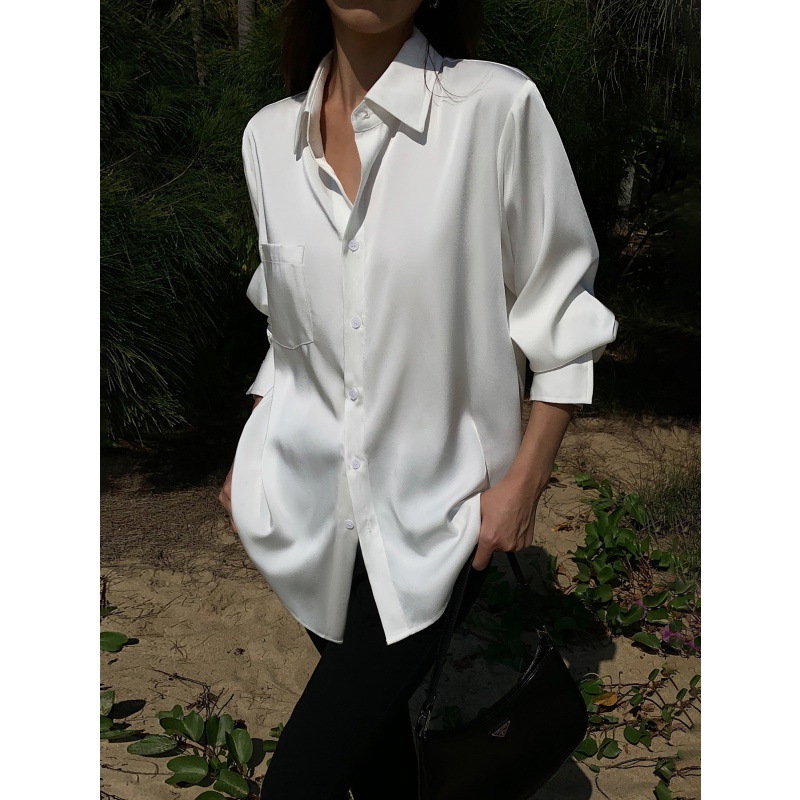 【1つ買うと10つ無料】純粋なスタイルのホワイトサテンハイエンドの女性のための長袖シャツスタイルのゆるいフォーマルシャツ 【1つ買うと10つ無料】純粋なスタイルのホワイトサテンハイエンドの女性のための長袖シャツスタイルのゆるいフォーマルシャツ