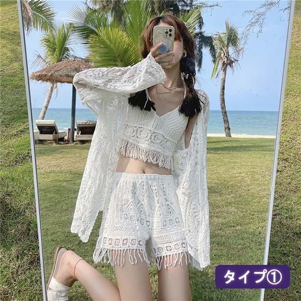 【激安開催！】タンキニ 水着 キャミソール 長袖 ラッシュガード クロシェ編み フリンジ水着 レースアップ 三角ビキニ ホルターネック ボーイレッグ ワイヤーなし パッド付 レディース 体型カバー セ